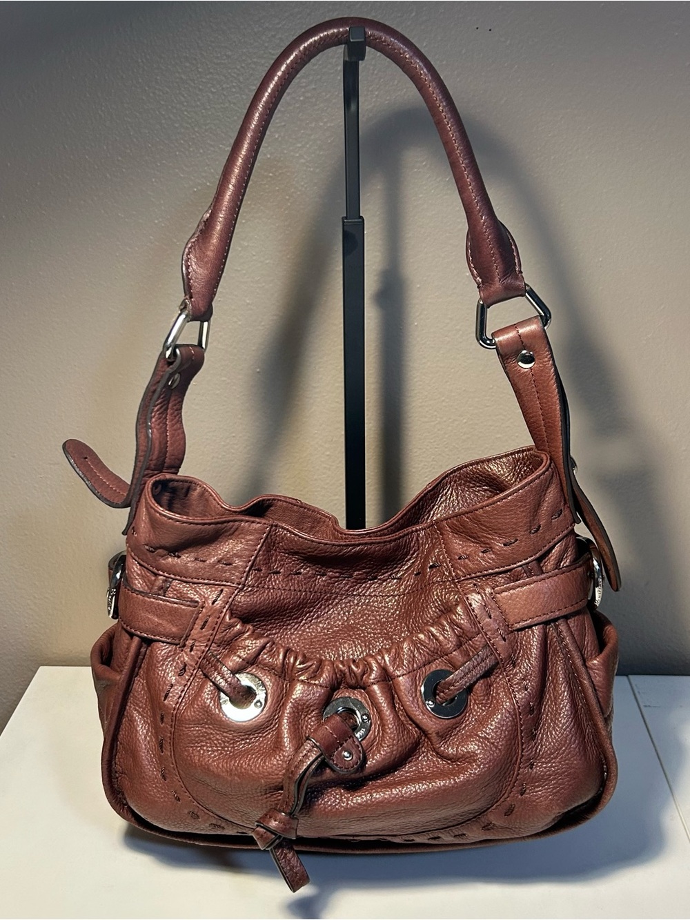 B Makowsky Brown Cooper Leather Shoulder Hobo Bag Silver Hardware